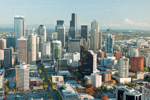 Seattle downtown skyline with view of Mt.Rainier in distance