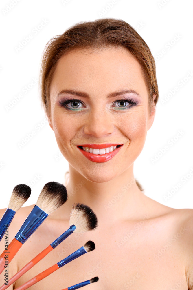 portrait of beautiful woman with make-up brushes, isolated portrait of beautiful woman with make-up brushes, isolated