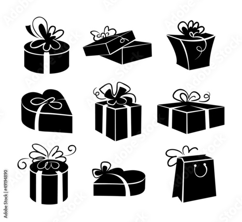 Set of gift boxes icons, black and white illustrations