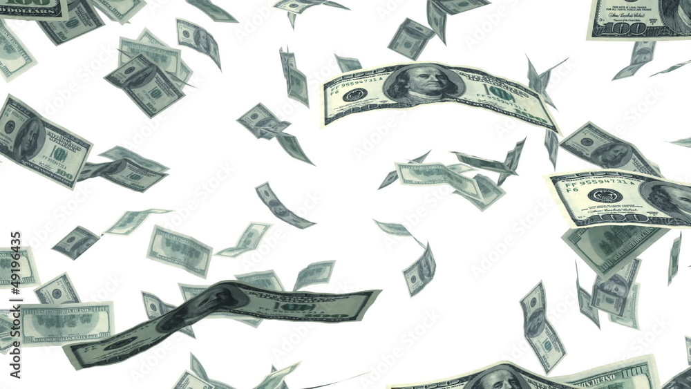 Dollars falling in looped animation. Alpha mask. HD 1080.