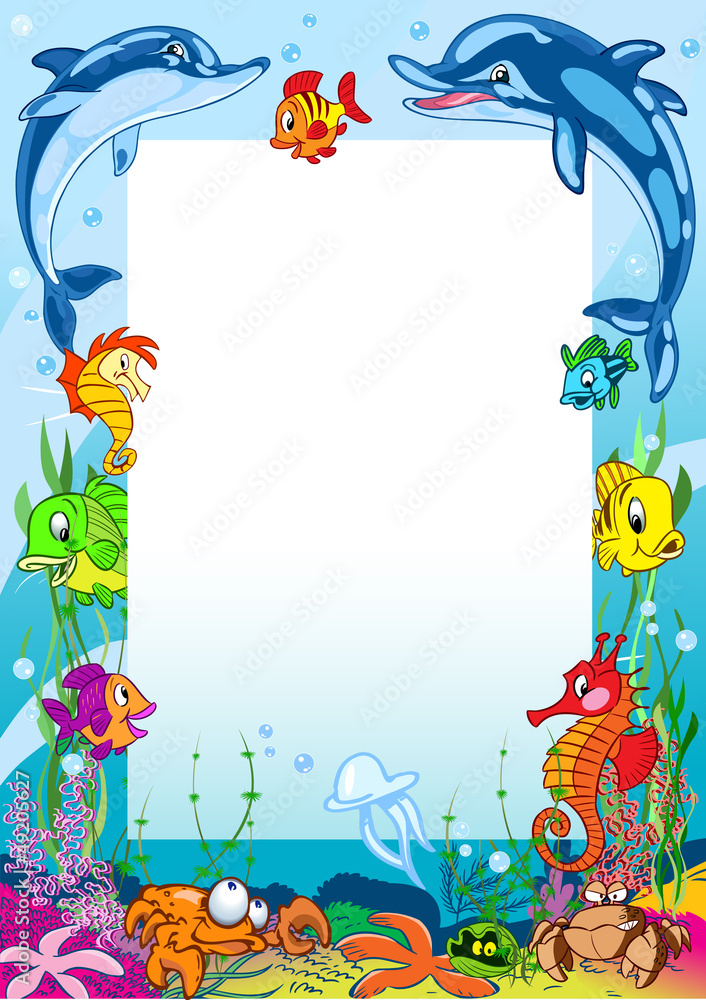 Fototapeta premium Frame with various sea animals