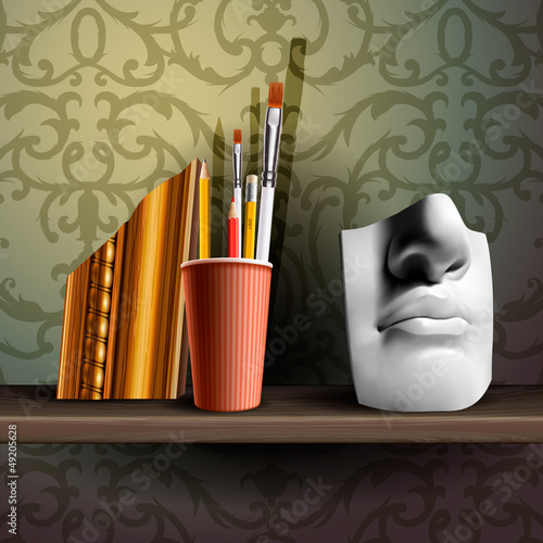 Davids nose and different art brushes, vector Eps 10 image.