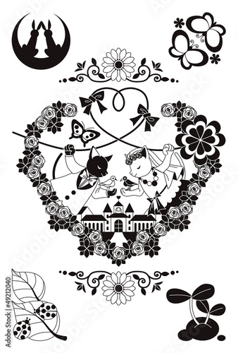 猫と鳥のカップル結婚式イラストモノクロ