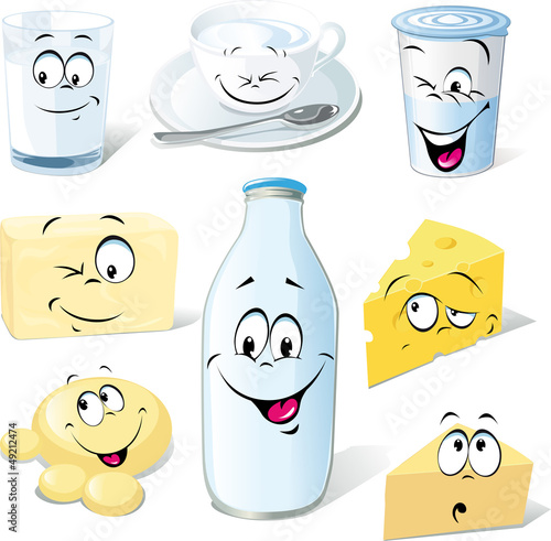 dairy product cartoon - milk, cheeses, butter and yogurt