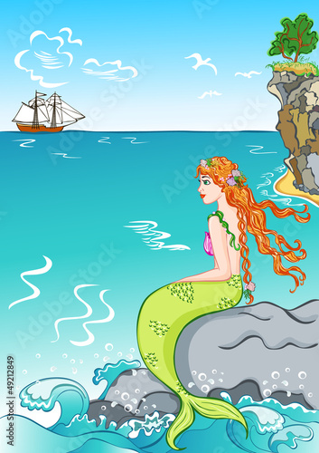 beautiful mermaid sitting on a rock, watching the ship