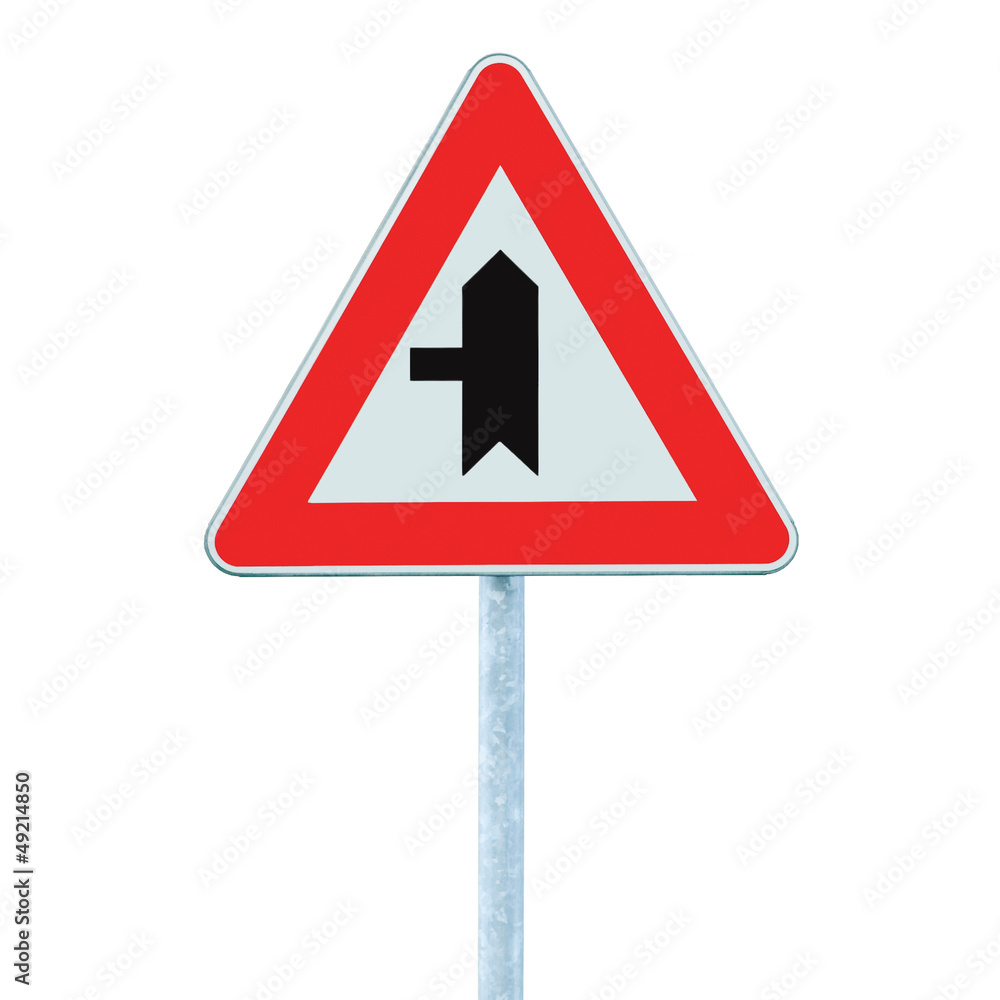 Crossroads Warning Main Road Sign With Pole, Left, isolated Crossroads Warning Main Road Sign With Pole, Left, isolated