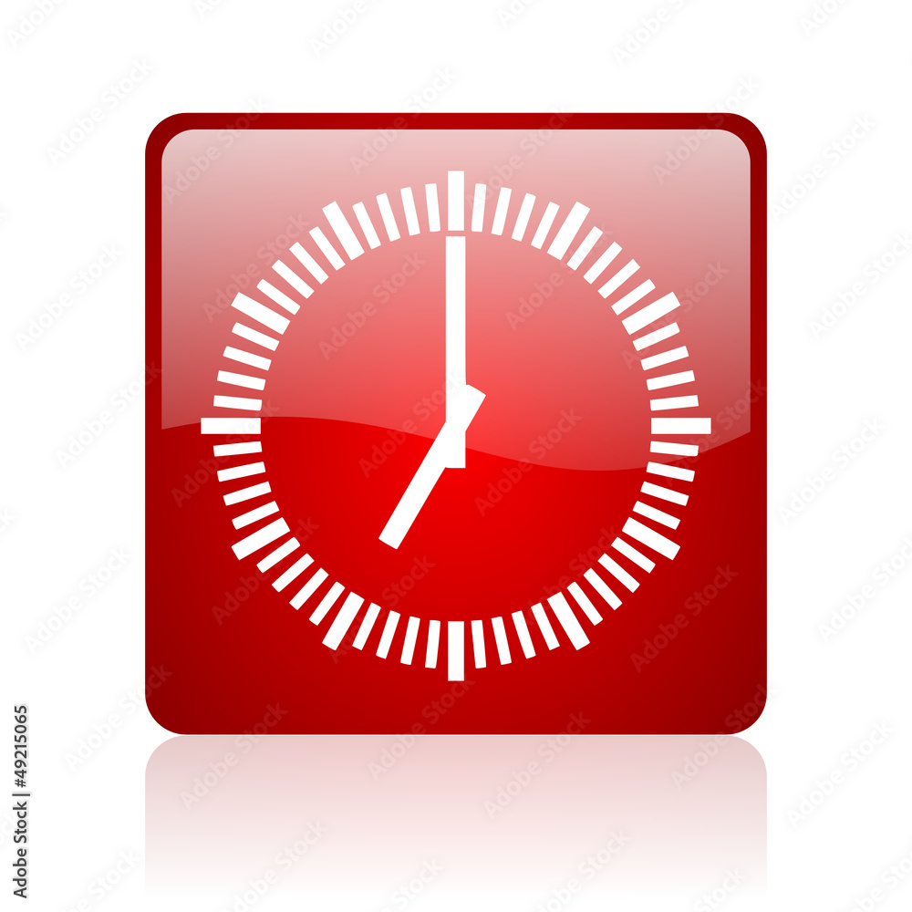 clock red square glossy web icon on white background clock red square glossy web icon on white background