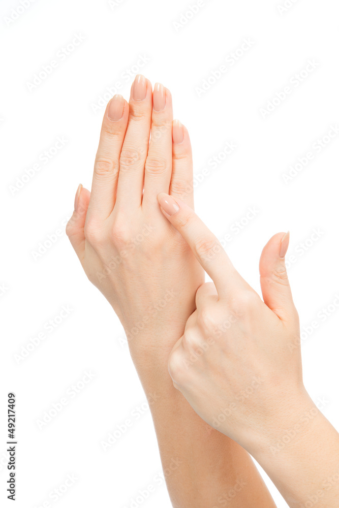 Beautiful woman hands with french manicure nails i Beautiful woman hands with french manicure nails i
