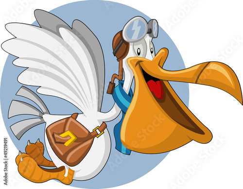 Cartoon pelican with an open big beak flying carrying a bag