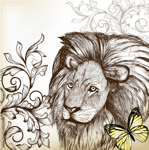 Fototapeta Naklejka Na Ścianę i Meble -  Vintage background with hand drawn lion