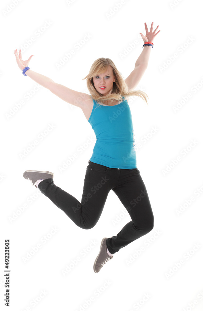 Young female Happy woman jumping with arms up isolated