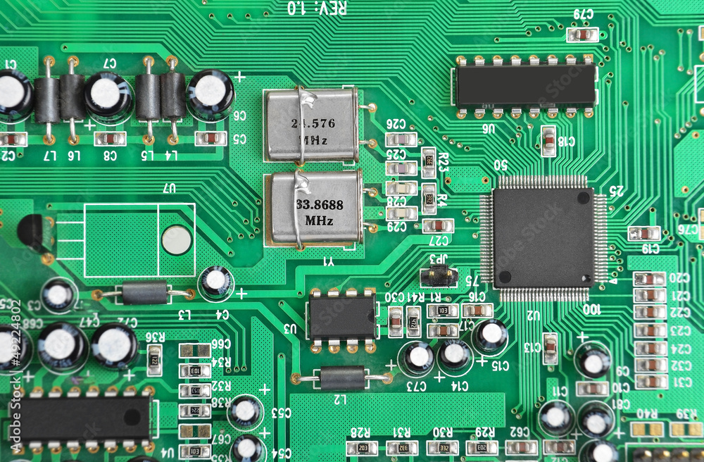 Close up of a printed green computer circuit board Close up of a printed green computer circuit board