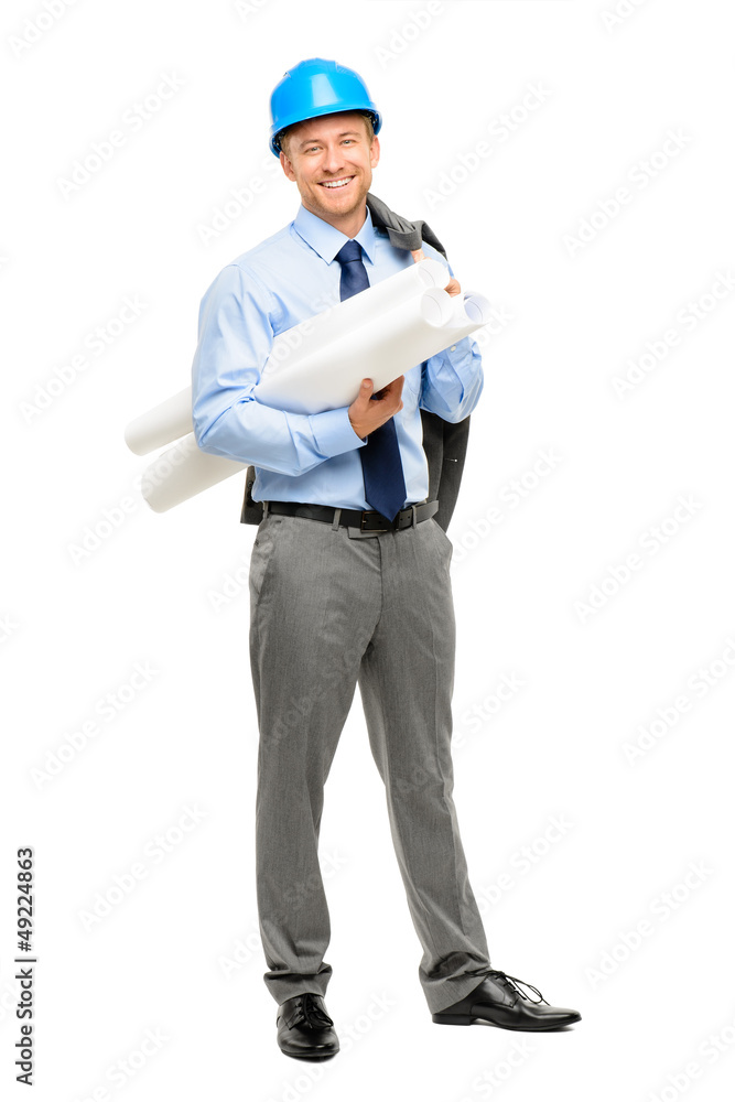 Happy young businessman architect on white background Happy young businessman architect on white background