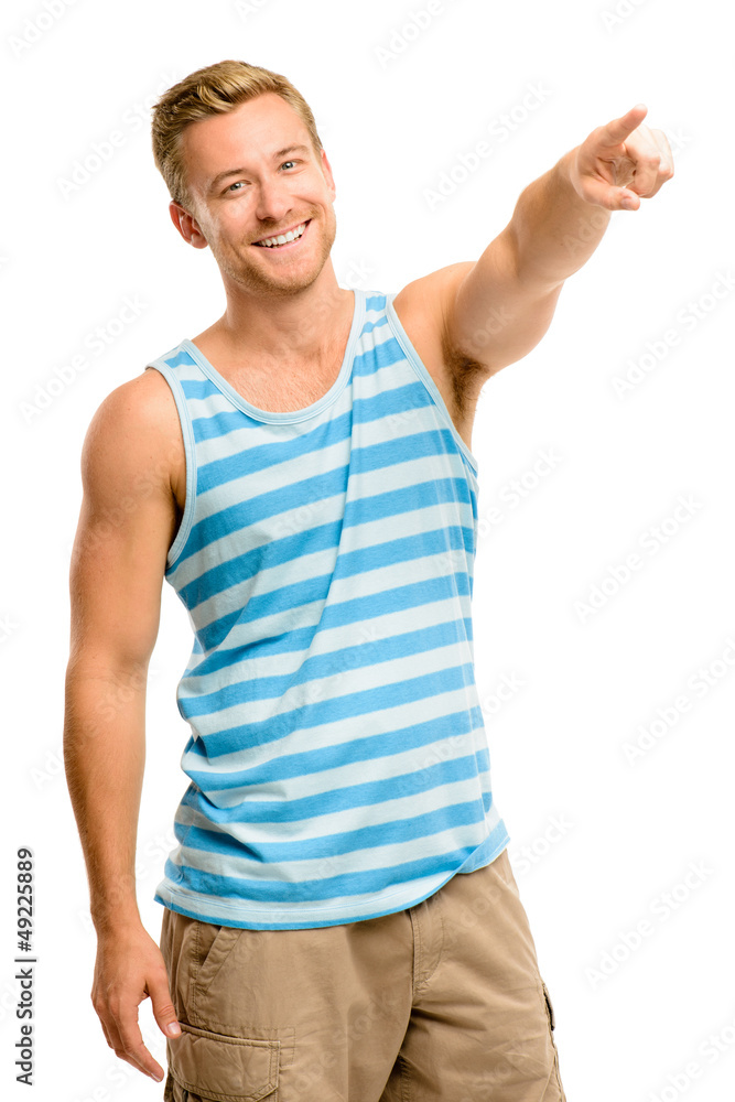 Happy man pointing - portrait on white background Happy man pointing - portrait on white background
