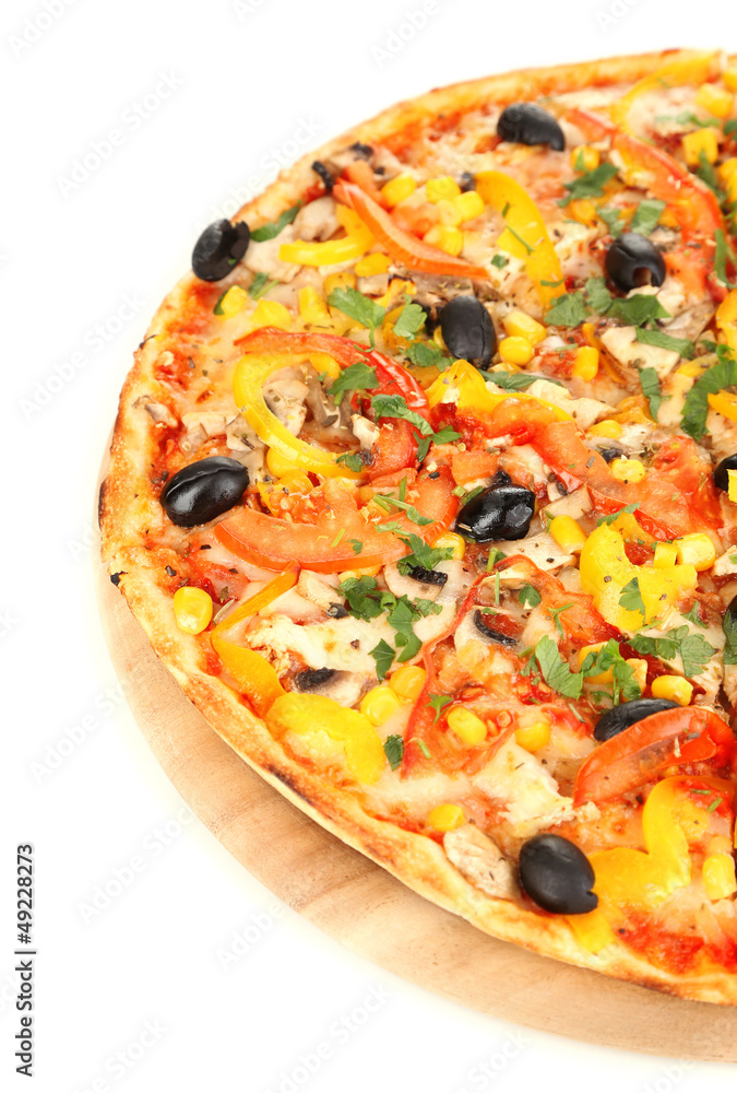 Tasty pizza with vegetables, chicken and olives isolated Tasty pizza with vegetables, chicken and olives isolated