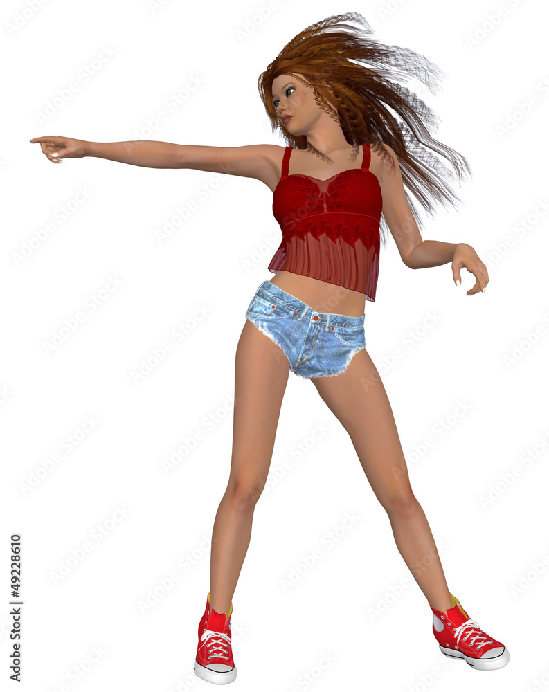 Dancing brunette girl in red top
