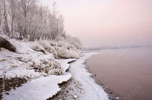 trees on the snow-covered banks of the river