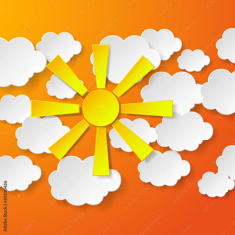 Abstract yellow paper sun and white paper clouds on orange backg Abstract yellow paper sun and white paper clouds on orange backg