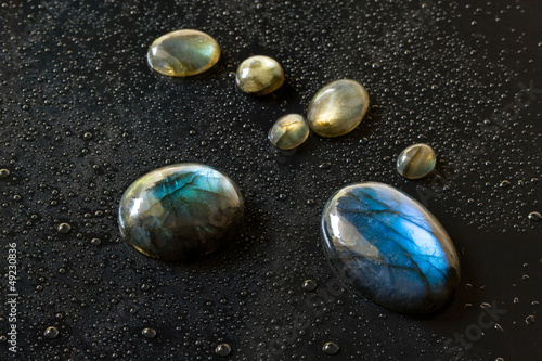 Polished blue labradorites isolated on a wet black surface photo