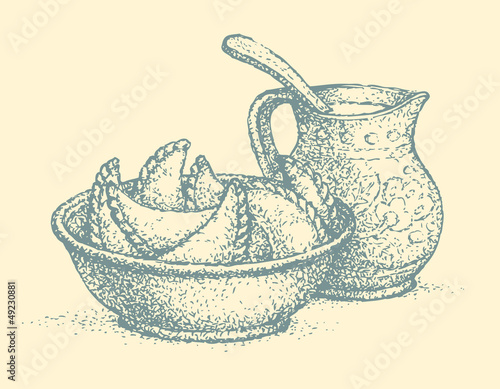 Vector still life. Traditional Ukrainian dish: dumplings with so