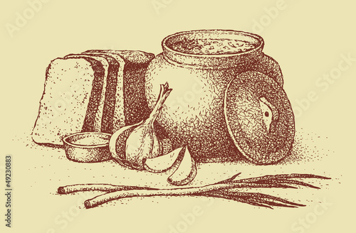 Vector sketch Ukrainian lunch. Warm soup, bread, garlic, onion