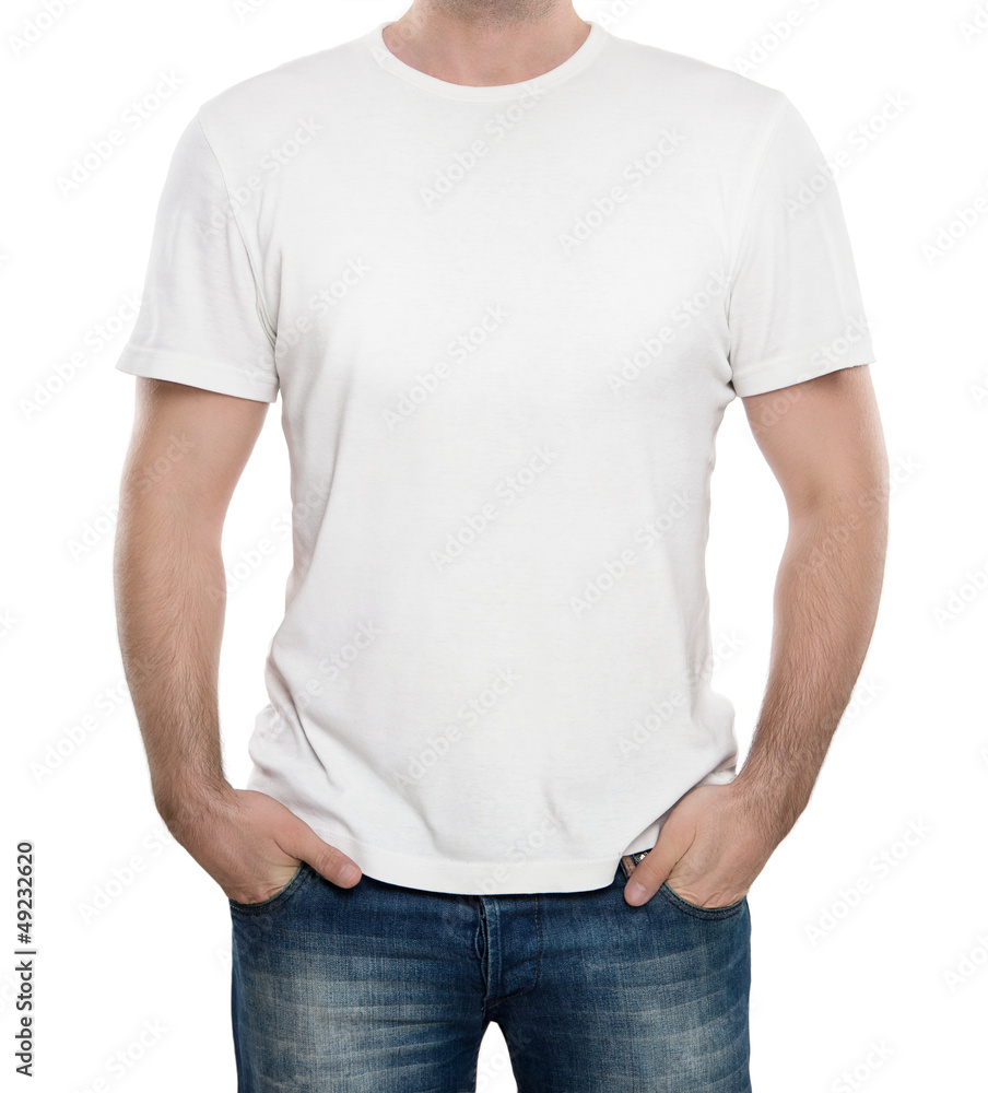 Man wearing blank t-shirt isolated on white background Man wearing blank t-shirt isolated on white background