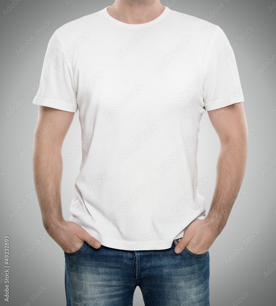 Man wearing blank t-shirt with copy space Stock-Foto | Adobe Stock