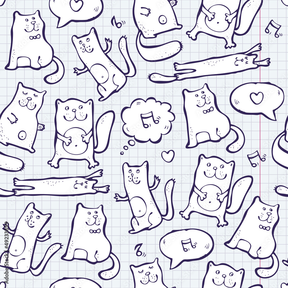 Obraz premium Cats doodles on a notebook paper, seamless pattern