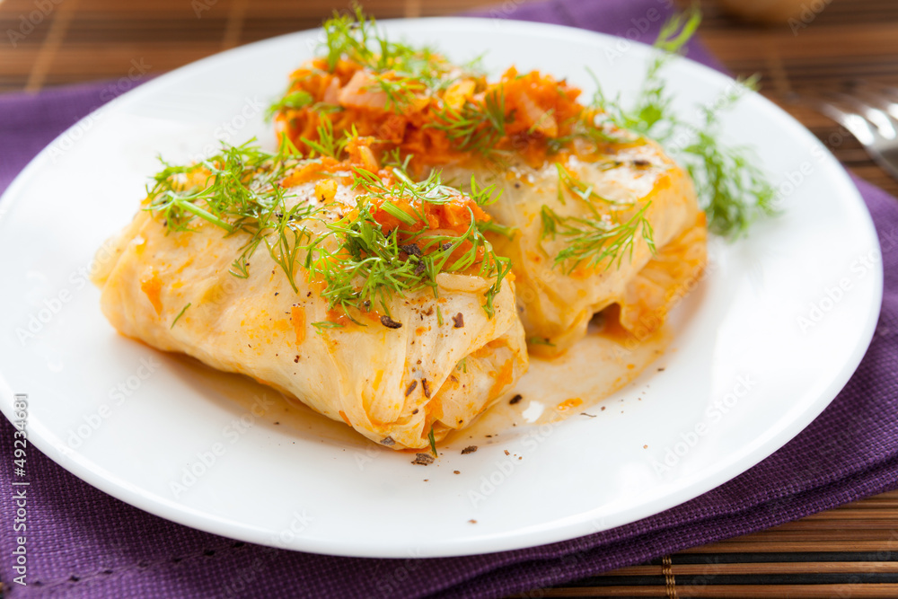 cabbage rolls with rice, tomato sauce