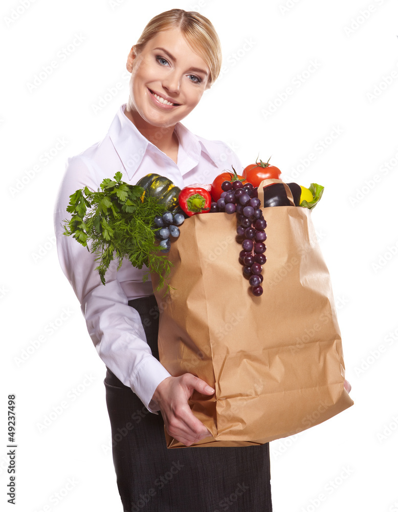 beautiful young woman with vegetables and fruits in shopping bag beautiful young woman with vegetables and fruits in shopping bag