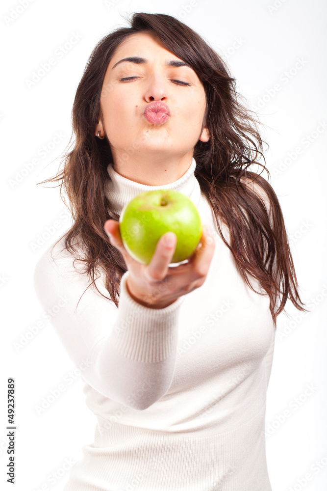 beautiful young woman with green apple, isolated on white beautiful young woman with green apple, isolated on white
