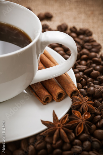 white cup of aromatic coffee with cinnamon