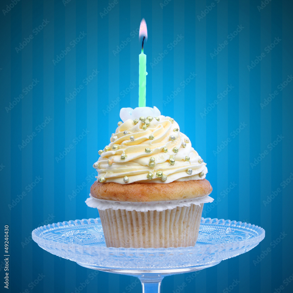 Birthday cupcake with candle - obrazy, fototapety, plakaty 