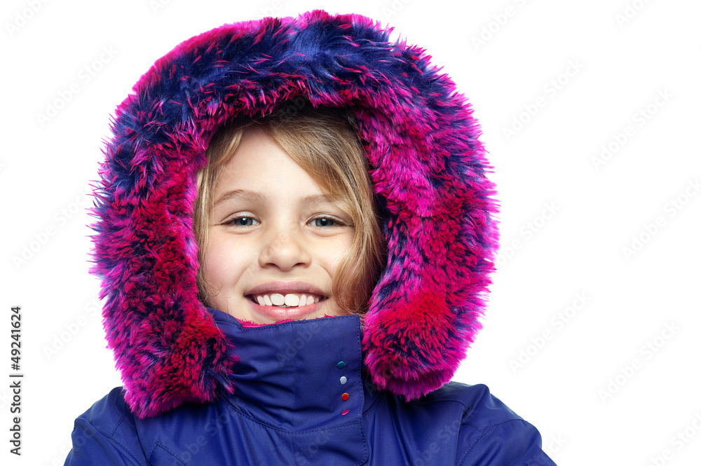 Cheerful young girl in hooded fur jacket Cheerful young girl in hooded fur jacket