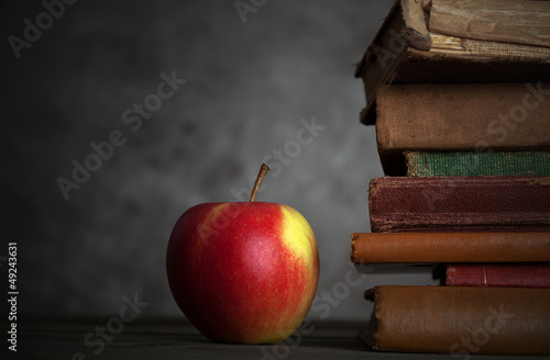 An apple in a library