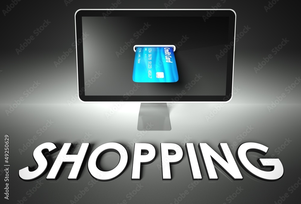 Screen and credit card, word Shopping, E-commerce Screen and credit card, word Shopping, E-commerce