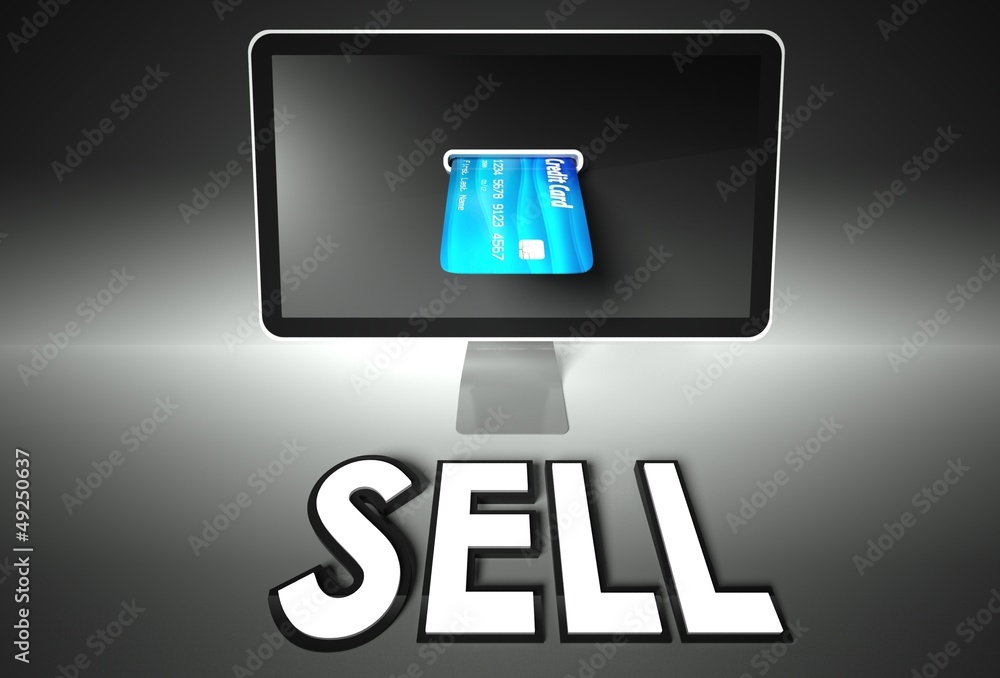 Screen and credit card, word Sell, E-commerce Screen and credit card, word Sell, E-commerce