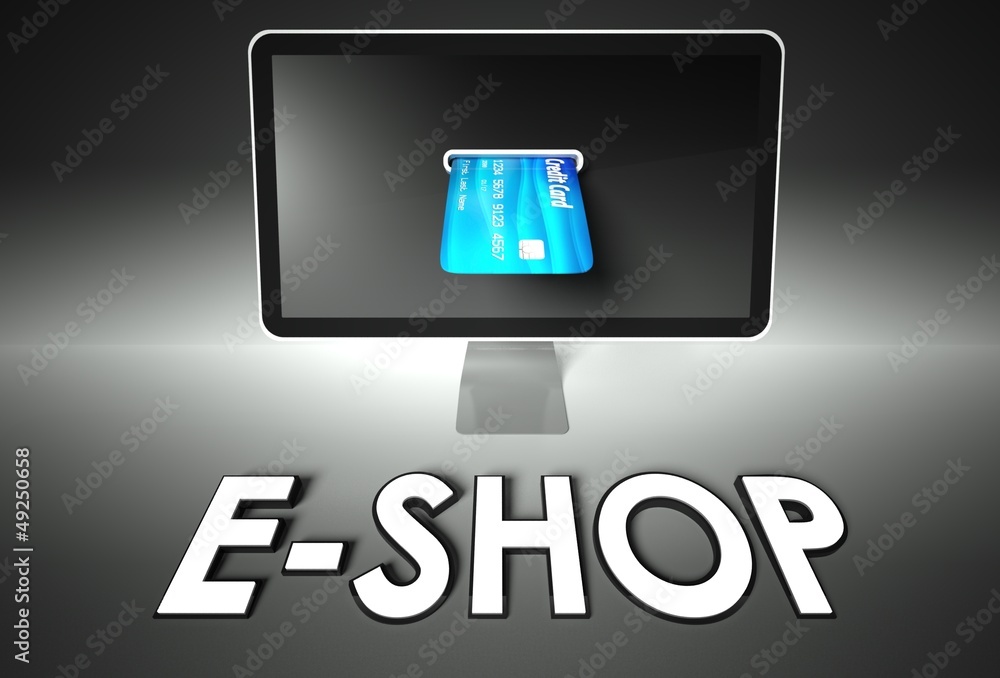 Screen and credit card, word E-shop, E-commerce Screen and credit card, word E-shop, E-commerce