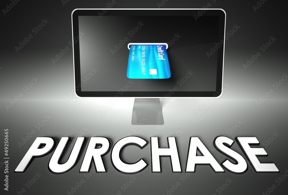 Screen and credit card, word Purchase, E-commerce Screen and credit card, word Purchase, E-commerce