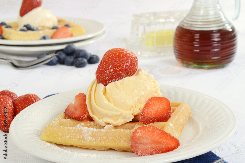 closeup vanillia ice cream strawberry waffle closeup vanillia ice cream strawberry waffle
