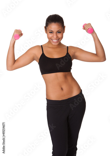 Happy Fitness Woman With Pink Dumbbells
