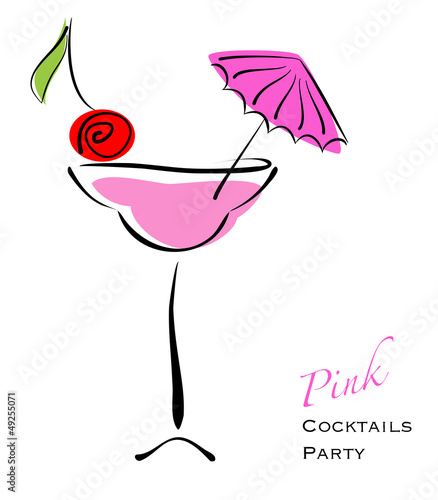 Pink cocktail party. Alcohol in glass with cherry decor. Eps10