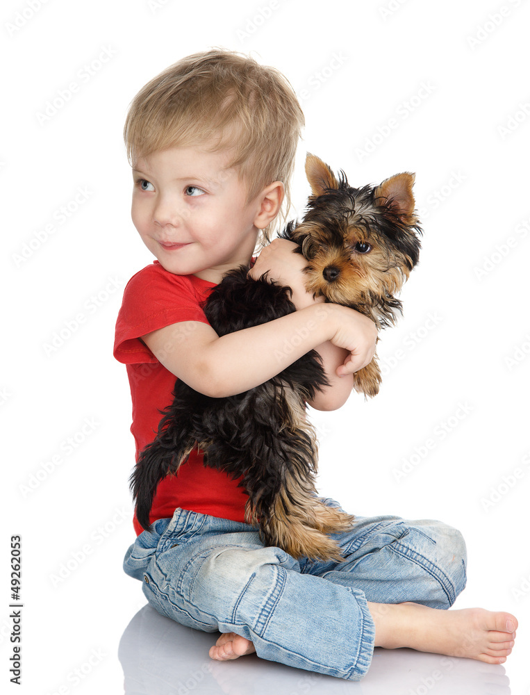 Stock Photo: child and yorkshire terrier. isolated on white Stock Photo: child and yorkshire terrier. isolated on white