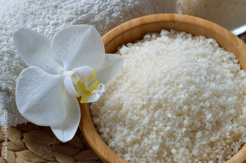 Close up of spa set with salt bath. photo