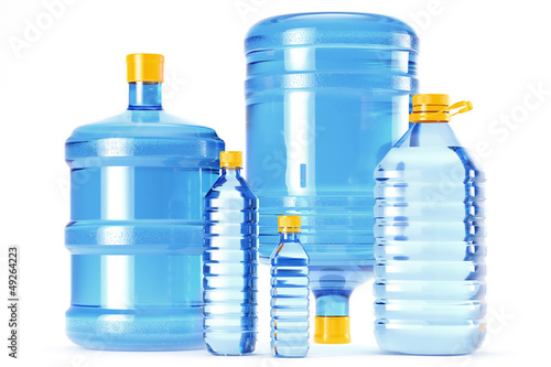 Clean drinking water in blue plastic bottles
