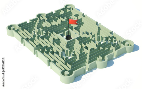 Complex maze game with red flag standing in center