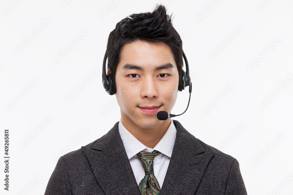 Customer support operator man smiling. Customer support operator man smiling.