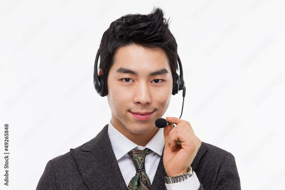 Customer support operator man smiling. Customer support operator man smiling.
