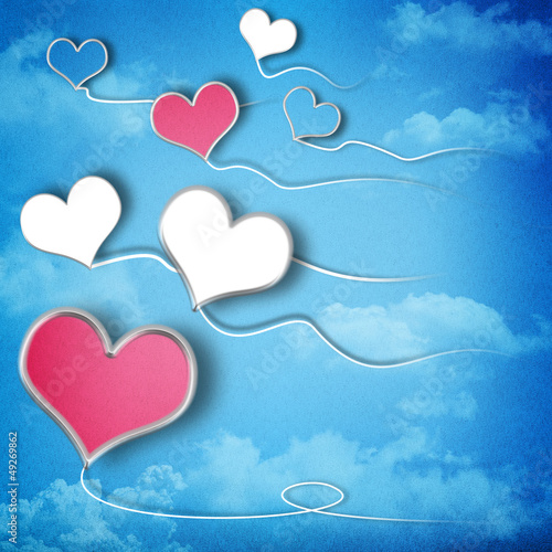 Valentines day background with heart shaped kites in the sky
