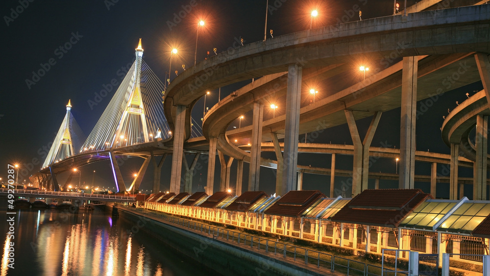 Naklejka premium Industrial Ring Road Bridge at night in Bangkok
